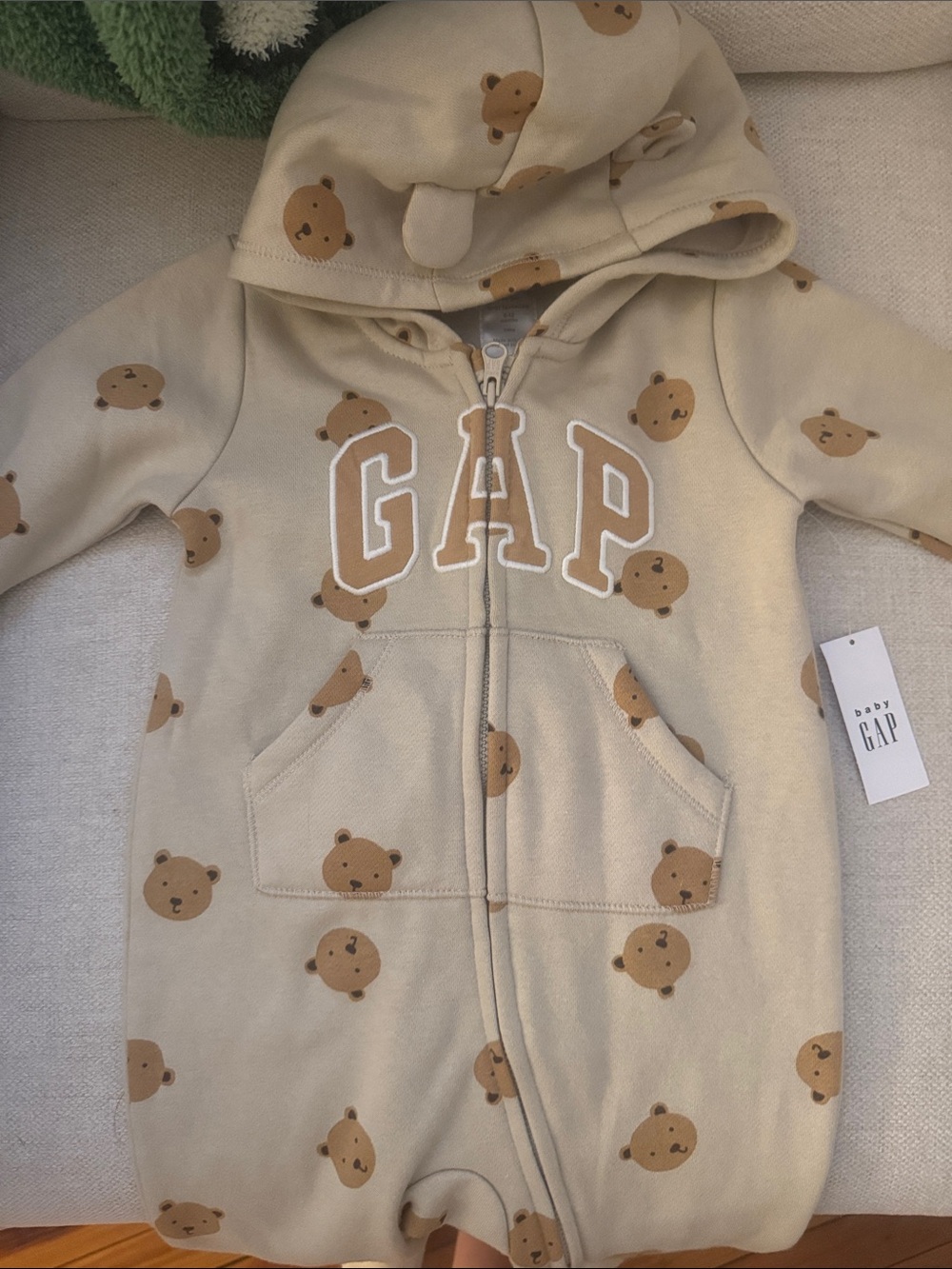 GAP Beige Bear Print Zip-Up Hoodie Romper